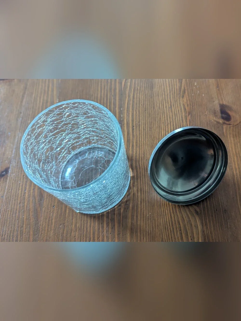 Clear Crackle Glass Jar with Chrome Finish Metal Lid. 5.5